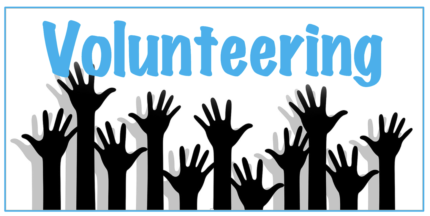 Image of raised hands with the word volunteering above